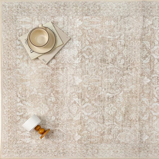 PureCozy Washable Area Rug 2x3, Small Non-Slip Beige Entryway Door Mat Vintage Low Plie Thin Indoor Kitchen Bathroom Rug Retro Accent Throw Entrance Bedroom Office Carpet
