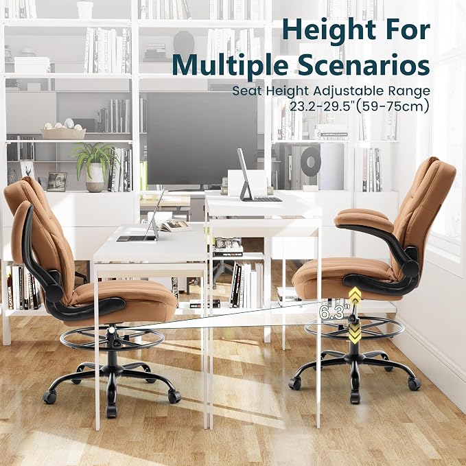 Drafting Chair 500Lbs, Tall Office Chair for Standing Desk, High PU Leather Executive Office Chair with Flip-up Armrests, Ergonomic High Chair with Adjustable Foot Ring, Comfy Stool Chairs, Brown