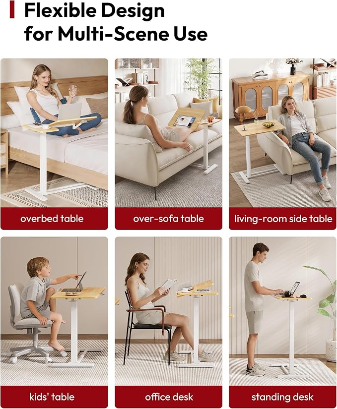 SANODESK 28''Overbed Table Gas Spring Lifting with Wheels&Tilting Desktop | Rolling Mobile Laptop Desk End Table,Portable Computer Workstation for Home Office,Sofa,Bedside,27.6" W x 15.7" D,Maple