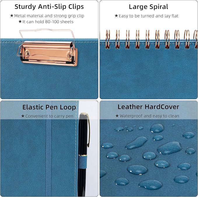 Ospelelf Foldable Spiral Clipboard Folio with with Storage Zipper Pouch, 5 Plastic Folders with 10 Pockets, Leather Clipboard Folder with Notepad, 39 Divider Label Stickers (Hazy Blue)