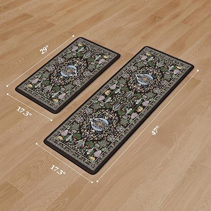 KIMODE Anti Fatigue Kitchen Mats for Floor 2 Piece, Black Vibrant Floral Kitchen Rugs 17"x47"+17"x29", Non Slip Waterproof Kitchen Floor Mats, Standing Mats for Laundry Office Sink Desk