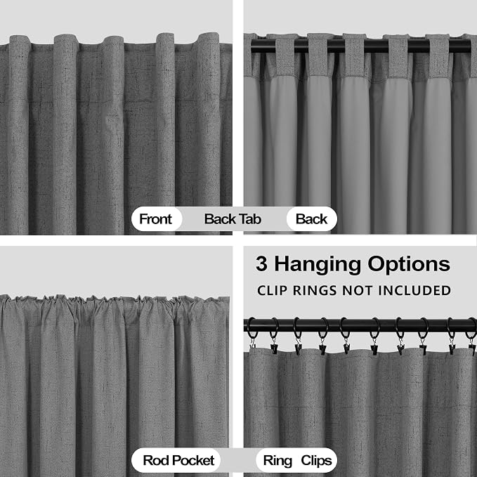 KOUFALL Grey Linen Black Out Curtains 96 Inches Long 2 Panels Set,Blackout Dark Charcoal Gray Gamer Gaming Curtains for Boys Room Bedroom