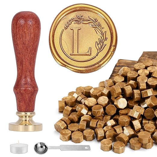 Yoption Letter Wax Seal Kit, Vintage Initial Alphabet L With Wreath Stamp and 120 Antique Gold Seal Beads