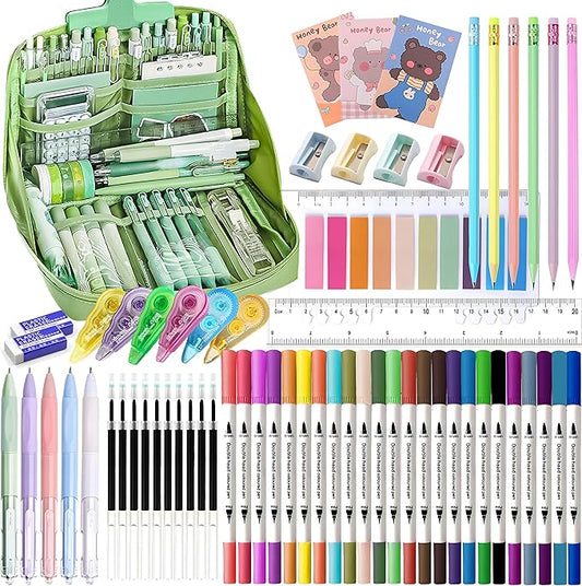 Ristpal 56 PCS Aesthetic School Supplies with Large Pencil Case, 24 Double Brush Marker Pens, 5 Black Ink Gel Pens, 6 Macaron Pencils, 4 Sharpeners, Sticky Notes, Ruler, Erasers, Stationery Gift