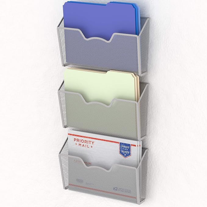 Simple Houseware Wall Mount Single Pocket File Organizer Holder, 3 Packs, Silver