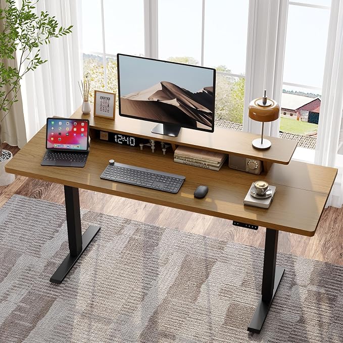 63 x 24 Inches Electric Standing Up Desk with Monitor Shelves,Height Adjustable Computer Desk from 28-46''with Memory Controller,Modern Home Office Desk for Work,Study,Oak Brown
