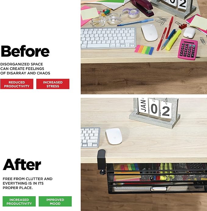 Homeify Under Desk Drawer Organizer Clamp-On, Mesh Metal Drawer Attachment, 2 Drawer Slide Out, On Or Under Desk Organizer For Office Supplies & Home Essentials (2 Drawers)