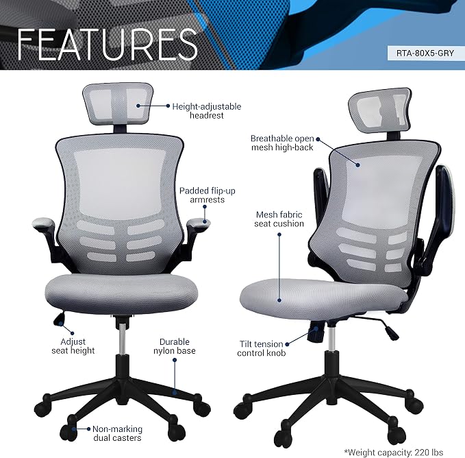 Techni Mobili High-Back Mesh Office Chair with Headrest,Recline,Silver Grey | Executive mesh office chair, adjustable headrest, flip-up arms, recline control, height adjustable, swivel chair, ergonomic