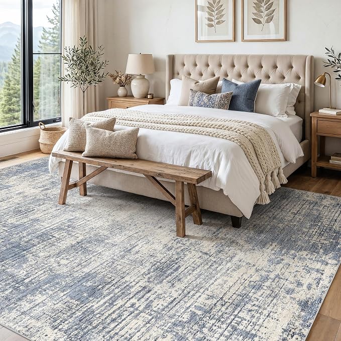 7x10 Washable Area Rug: Large Soft Indoor Neutral Living Room Rug Non Slip Low Pile Carpet Soft Stain Resistant Floor Rug for Bedroom Dining Room Home Office Indoor Home Decor (Blue Gray,7x10)