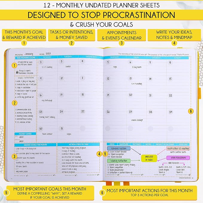 Life Planner - Undated Weekly & Monthly Planner, 12-Month Journey to Increase Productivity | Gratitude Journal, Life Organizer & Goal Journal | Include Foldable Vision Board, Habit Tracker & Stickers