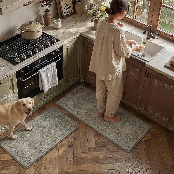 2-Piece Brown Vintage Kitchen Mat Set | Washable, Anti Fatigue, Non Slip, Soft, Vintage, Floral, Distressed, Farmhouse, for Sink Entryway Bathroom Laundry