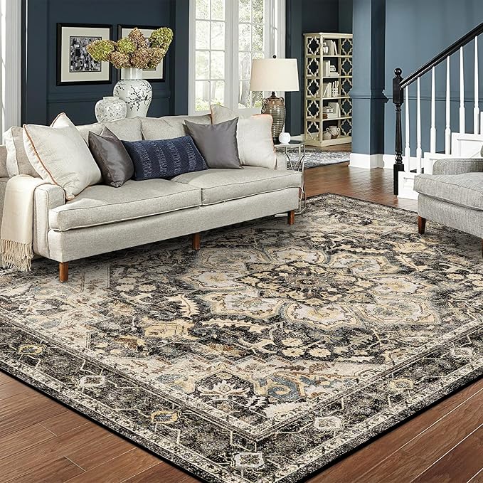 TOPRUUG Washable Area Rugs 8x10 - Large Rugs for Living Room Non-Slip Non-Shedding Thin Carpet for Bedroom Kitchen Stain and Water Resistant Indoor Carpets (Black/Grey, 8x10)