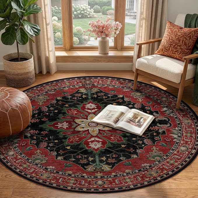 RELEANY Area Rugs Round 4ft Washable Non-Slip, Floral Vintage Distress Medallion Carpet for Living Room Bedroom Dining Room, Red Black