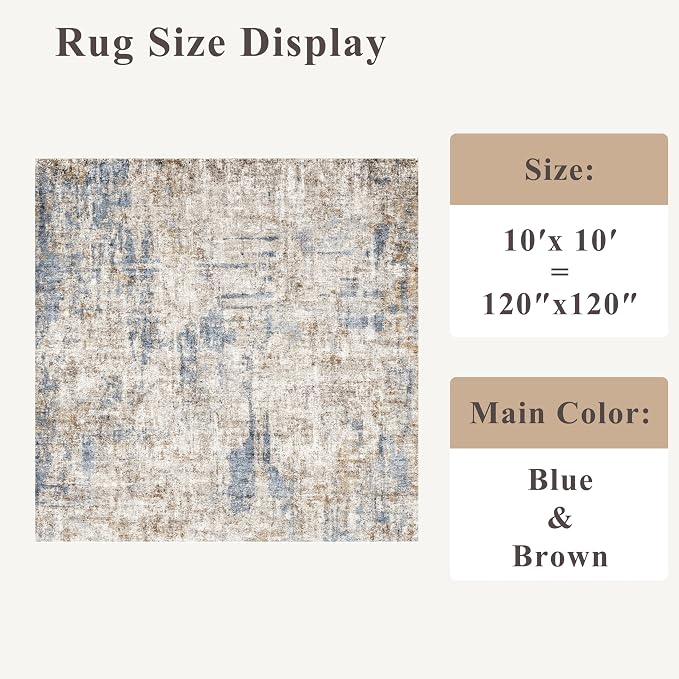 10x10 ft Square Living Room Rug – Washable Modern Abstract Area Rug for Bedroom, Dining Room, Playroom – Neutral Non-Slip Low-Pile Thin Indoor Carpet（Blue Brown）