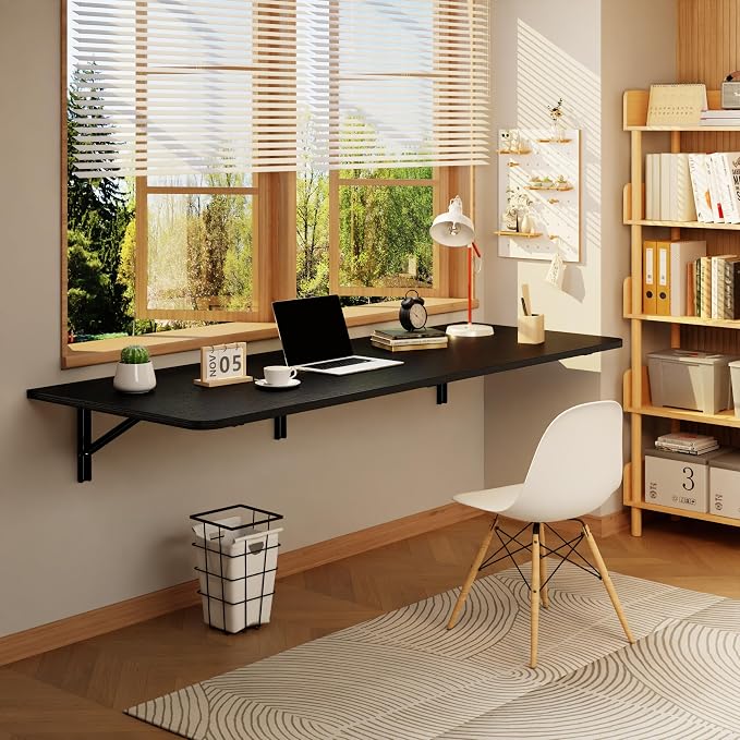 IAE Wall Mounted Floating Foldable Desk 60" x 22" Folding Computer Workstation Table with Engineered Wood and Metal Shelf Brackets,Fold&Floating Design for Home Office, Apartment,Laundry Room,Black
