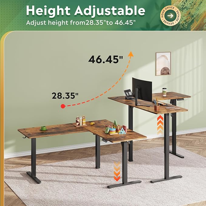 DEVAISE 63 Inch Standing Desk, L Shaped, Ergonomic Computer Desk, Black, Rustic Brown