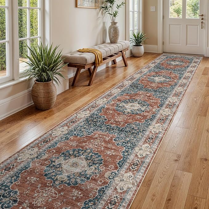 3x20 Washable Hallway Runner Rug:Oriental Indoor Kitchen Rugs Vintage Door Mat Non Slip with Rubber Backing Low Pile Thin Carpet for Bedroom Bathroom Living Room Bedside (3x20 Brick/Blue)