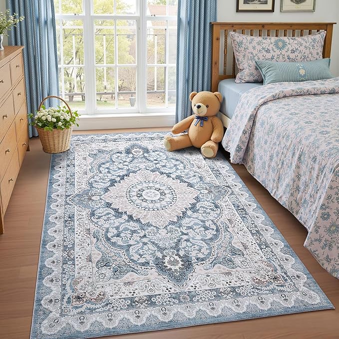 Macgace 3x5 Area Rug for Bedroom, Machine Washable Rugs with Non-Slip Backing for Living Room, Soft Vintage Carpet Kitchen Laundry Kids Room Decor, Blue & Beige