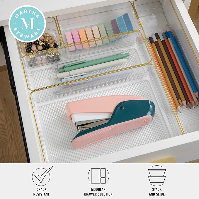 Martha Stewart Kerry Stackable Desk Drawer Organizers, Clear/Gold, 6-Pack | Various Sizes, Gold Trim, Stackable