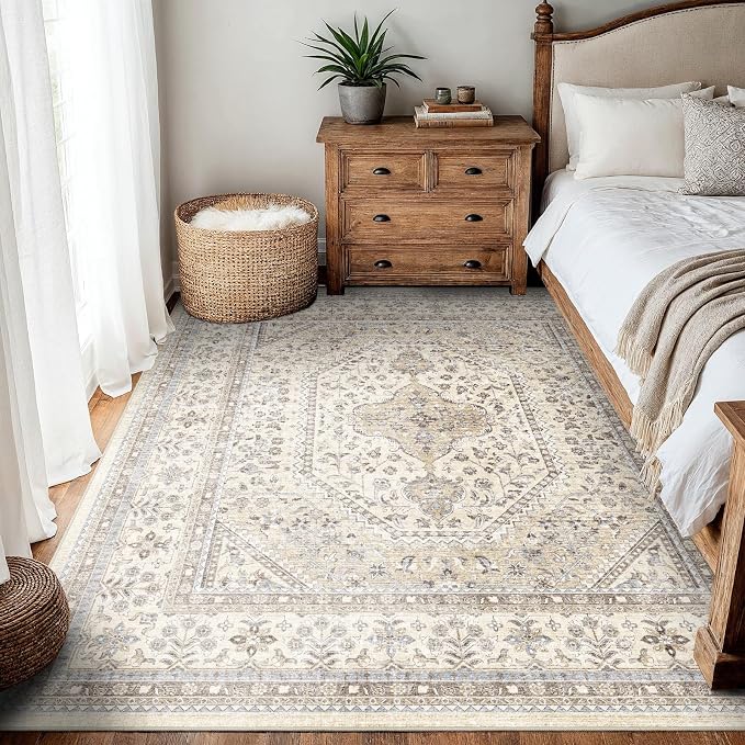 5X5 Square Rug for Living Room - Washable Kitchen Area Rug with Non Slip Rubber Backing for Bedroom Indoor Soft Stain Resistant Carpet Desk Rug for Pet-Friendly and Kitchen Decor Beige/Gray