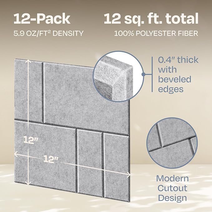 Acoustic Panels 12-Pack Soundproof Wall Panels 12"x12"x0.4" Decorative Sound Dampening for Your Home, Office, Studio, Bedroom & More with Unique GridFrame Carving [Light Gray]