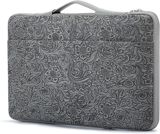 Kinmac Embossed PU Leather 360° Heavy Duty Protective Laptop Sleeve with Poacket (Paisley Grey, 14 inch-14.6 inch)