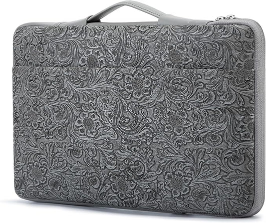 Kinmac Embossed PU Leather 360° Heavy Duty Protective Laptop Sleeve with Poacket (Paisley Grey, 14 inch-14.6 inch)