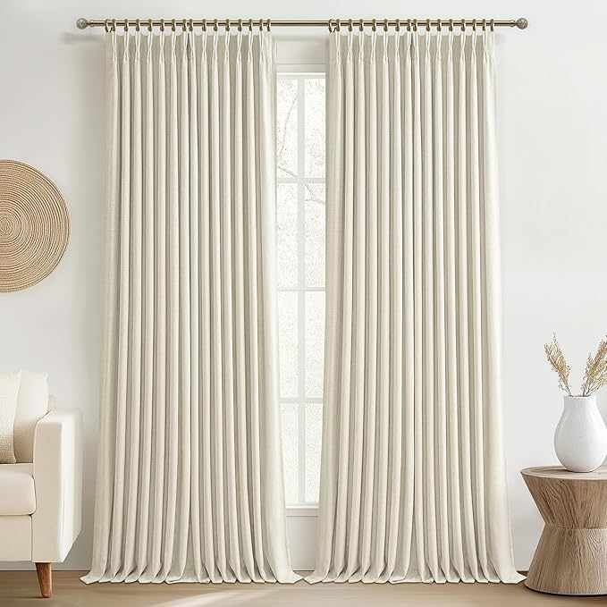 Pleated Extra Wide 70 Inch Bedroom Curtains 96 Inches Long 2 Panels, Cream Memory Trained Pinch Pleat Blackout Dual Layer Linen Soundproof Thermal Farmhouse Windows Drapes for Living Room 8 FT Length