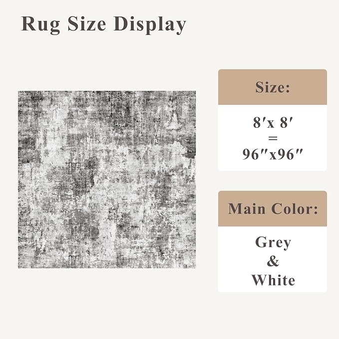 8x8 Square Area Rug Living Room – Non-Slip Washable Large Floor Carpet for Bedroom Dining Room Playroom Room – Modern Abstract Neutral Thin Low-Pile Big Indoor Rug (Grey)