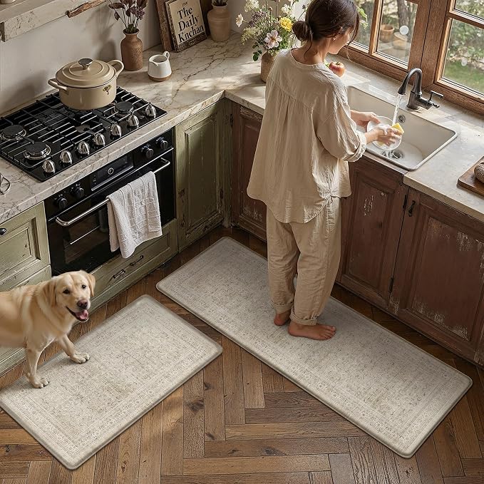 2-Piece Beige Vintage Kitchen Mat Set | Wider, Washable, Anti Fatigue, Non Slip, Soft, Vintage, Floral, Distressed, Farmhouse, for Sink Entryway Bathroom Laundry