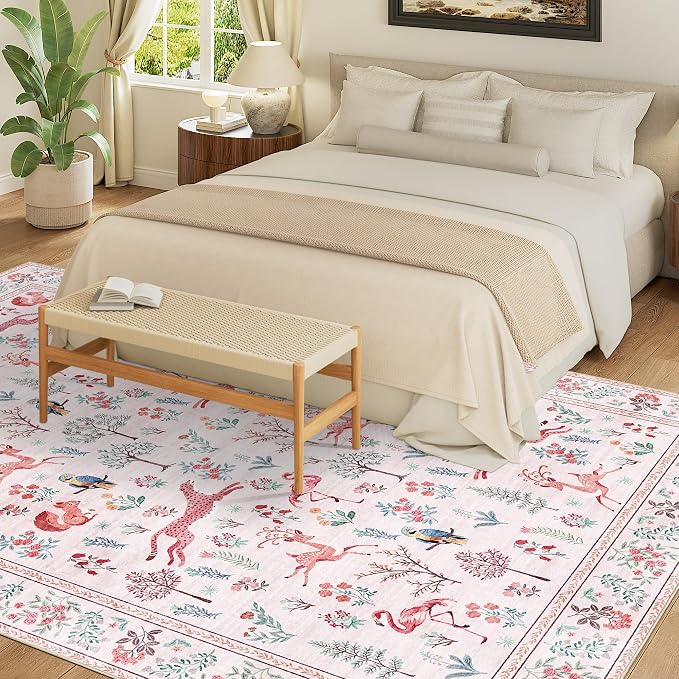 DUKINO 8x10 Rug, Washable Animal Living Room Rug with Non Slip Vintage Design, Soft Low Pile Large Carpet for Bedroom, Nursery, Dining Room, Farmhouse, Playroom, Pink