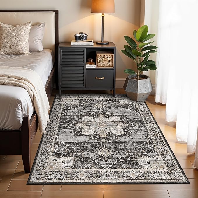 RUUGME 5x6 Washable Non Slip Area Rugs, Boho Low Pile Soft Carpets for Living Room Bedroom Dining Room - Ultra Thin Vintage Indoor Floor Decor Mat Ideal for Small Spaces 5x6 Black