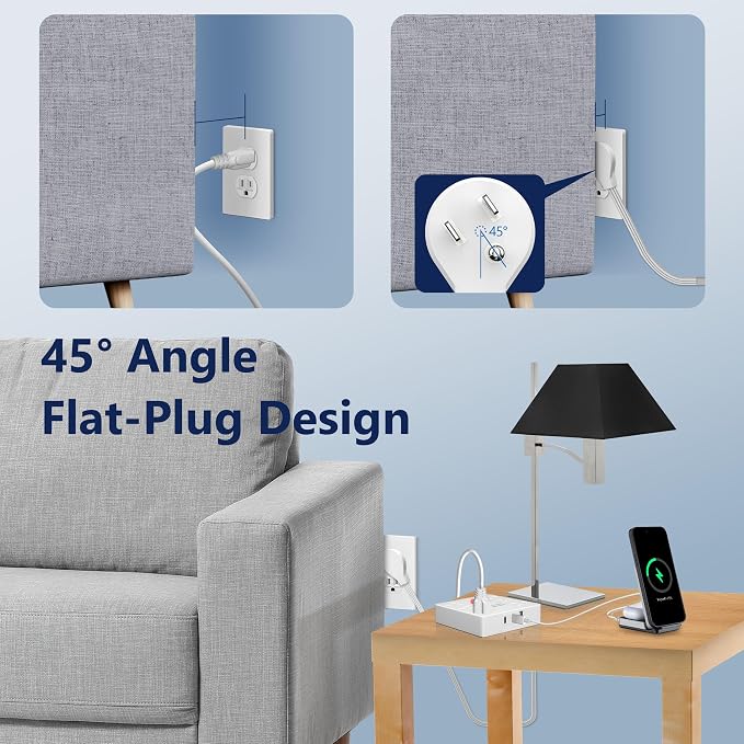 LIDER Outlet Extender with 6 Receptacles, USB-A & 2 USB-C, Angled Ultra-Thin Flat-Plug, 6-Outlet Power Strip, Surge Protector 1500 Joules, 5ft Cord, 1250W, ETL Listed, Matte White, 2-Pack