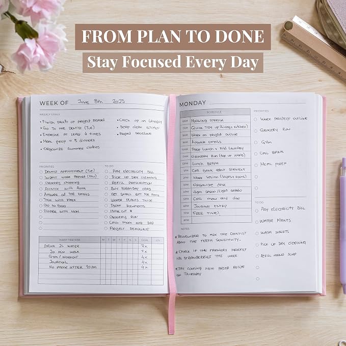 Rileys & Co Undated Daily Planner 8 x 6 in, Day Schedule Planner & Agenda Book, Journal with Goal & Habit Tracker, No Dates Dateless Annual Organizer for Work, School & Home - Pink