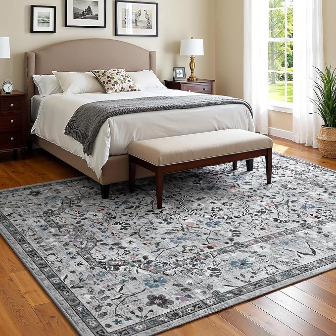Vasofe 4x6 Area Rug for Bedroom, Washable Rugs for Living Room, Laundry, Kitchen, Vintage Floral Indoor Non Slip Carpet Farmhouse Grey Throw Carpets Soft Low Pile Mat for Dorm Bedside Office