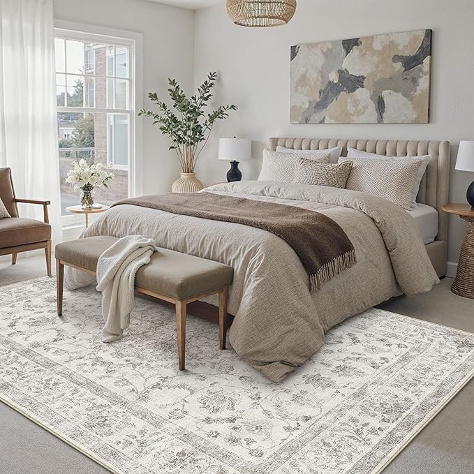 PureCozy 6x9 Area Rug Gray Washable Living Room Vintage Carpet Bedroom Large Non Slip Neutral Oriental Soft Low Pile Soft Thin Dining Room Office Accent Throw Rug
