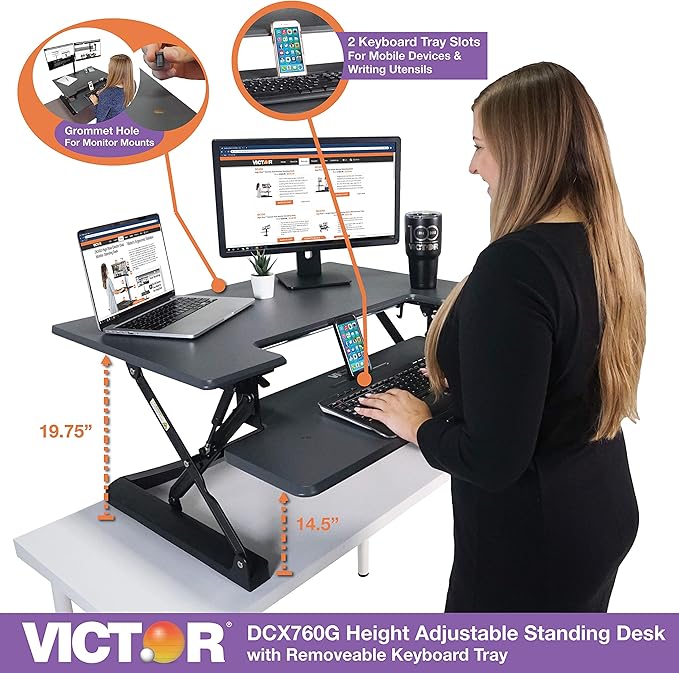 Victor DCX760G High Rise Collection Height Adjustable Standing Desk with Removable Keyboard Tray | Gray | 36” Wide Standing Desk | Professional or Home Use | Compatible with Most Monitor Arms