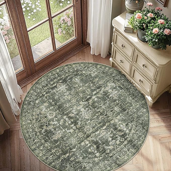 5ft Green Round Washable Area Rug for Living Room Vintage Boho Non Slip Circle 5x5 Rug Distressed Floral Carpet Indoor Retro Soft Low Pile Farmhouse Throw Rug for Bedroom Nursery Office