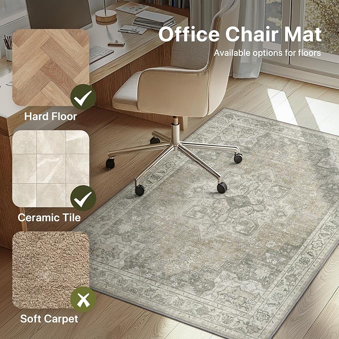 36"x60" Office Chair Mat for Hardwood Tile Floor, Under Desk Carpet Protector for Rolling Computer Chair Mat, Machine Washable Area Rug, Anti-Slip 1/5" Thick Low Pile Thin Vinyl Floor Mat, Trench