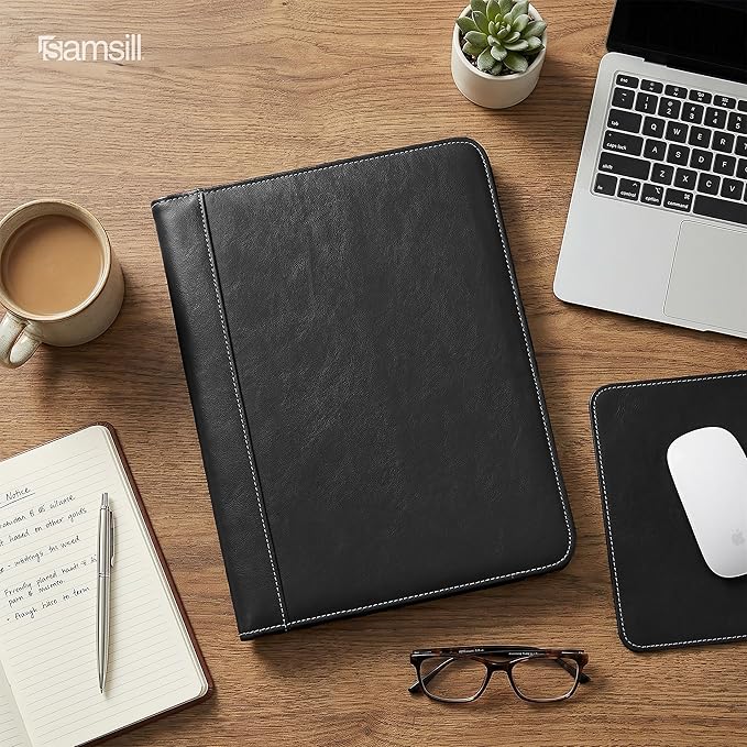Samsill Contrast Stitch Faux-Leather Padfolio, Business Portfolio for Men and Women, Resume Document Organizer with 8.5 x 11 Inch Writing Pad, Black