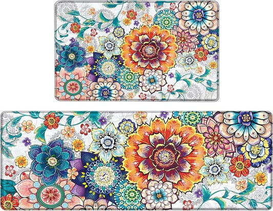 Floral Kitchen Rugs Mats for Floor 2 Piece Flowers Anti Fatigue Kitchen Mats Non Slip Cushioned Comfort Standing Mat for Sink, Office, Laundry, 17.3x28+17.3x47 Inch