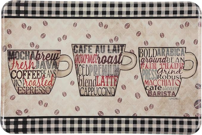 J&V TEXTILES Anti Fatigue Cushioned Comfort Mat, Ergonomically Durable, Supportive, Padded, Thick and Washable, Stain-Resistant, Kitchen, Garage, Office Standing Desk Mats (Coffee Words)