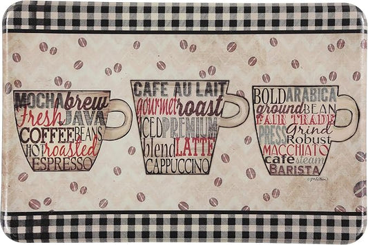 J&V TEXTILES Anti Fatigue Cushioned Comfort Mat, Ergonomically Durable, Supportive, Padded, Thick and Washable, Stain-Resistant, Kitchen, Garage, Office Standing Desk Mats (Coffee Words)