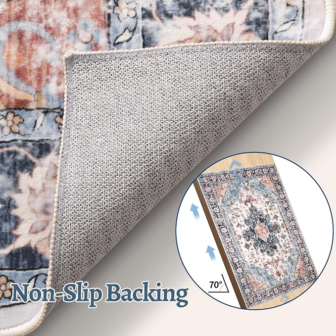 Tangsoo 2x5 Washable Runner Rug for Hallways, Non Slip Vintage Runner Rug, Soft Low Pile Long Print Distressed Blue/Orange for Kitchen Bedroom Entryway Bathroom Living Room