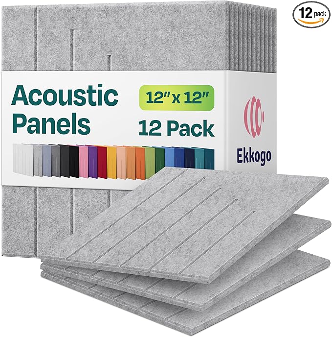 Acoustic Panels 12-Pack Soundproof Wall Panels 12"x12"x0.4" Decorative Sound Dampening for Your Home, Office, Studio, Bedroom & More with Unique LineWave Carving [Light Gray]