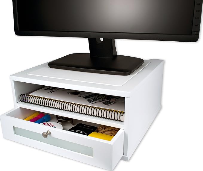 Victor Monitor Riser with Drawer and Storage Shelf - Wood Monitor Stand Desk Organizer with Faux Leather Top, Organize Office Supplies, 13 x 13 x 6.5-Inches, Pure White
