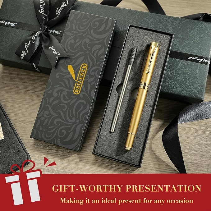 BEILUNER Personalized Ballpoint Pens, Stunning Bright Silver Chrome Metal Pen with Golden Trim, Fancy Ball Pen Gift Set for Men & Women, Graduation,Office, Nice Gift Box with 0.5mm Black Spare Refill