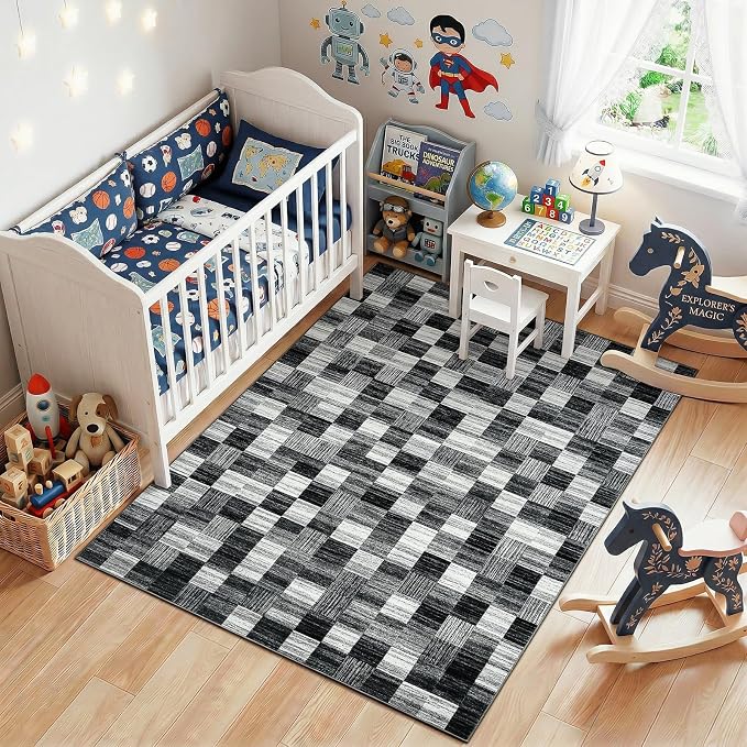 Terrug Black and White Checkered Rug for Bedroom, 4x6 Area Rugs Washable with Non Slip for Living Room, Soft Low Pile Stain Resistance Abstract Carpet for Kids Room