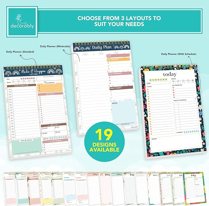 Decorably 52 Sheets Boho Rainbow Undated Daily to Do List Notepad - 6.5x10in Spring-Bound Planner, Easy Tear-Off, for Schedule, Priorities, Agenda, Water Intake, Meals, Notes & Doodles - Home, Office