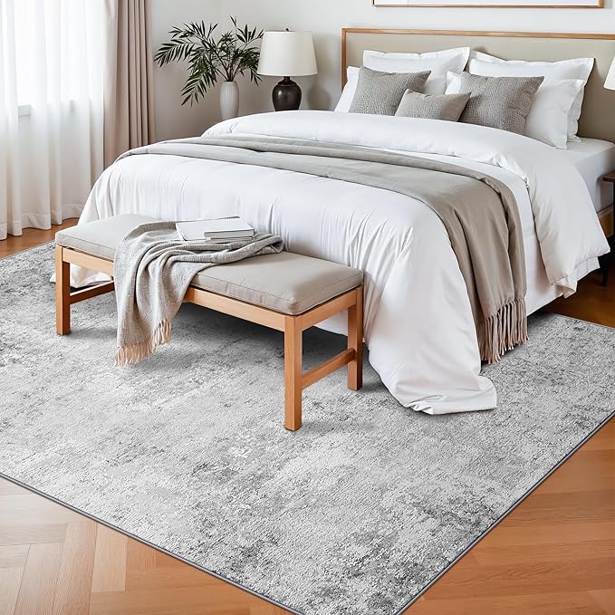 6x9 Washable Living Room Rug: Non Slip Stain Resistant Low Pile Area Rugs for Dining Room Bedroom - Neutral Abstract Soft Thin Indoor Throw Carpet for Pet Owners Newlyweds (6x9 Grey)